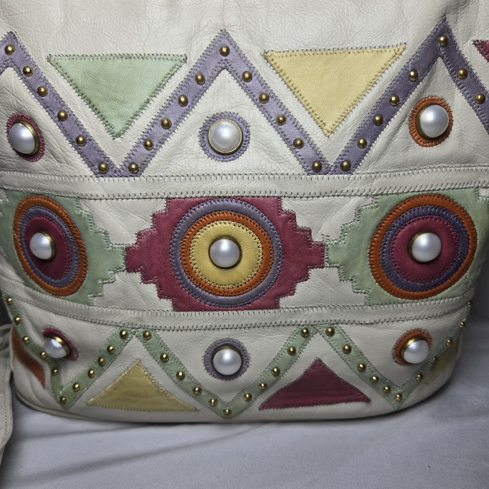 Vintage 80s Avante USA Leather Shoulder Bag Purse Patchwork Southwest Stud Pearl - Picture 2 of 7